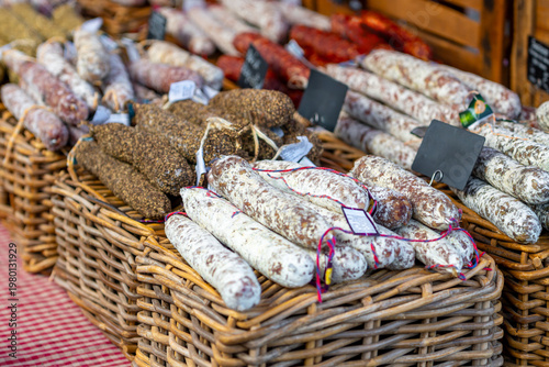 Different types of sausages displayed at a street market
