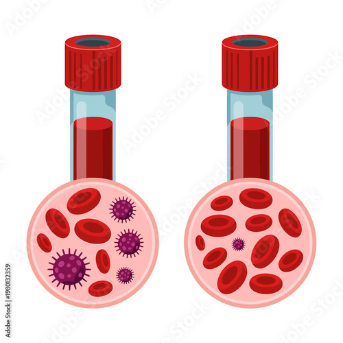 Blood test tubes with red blood cells and virus particles in laboratory setting  medical concept