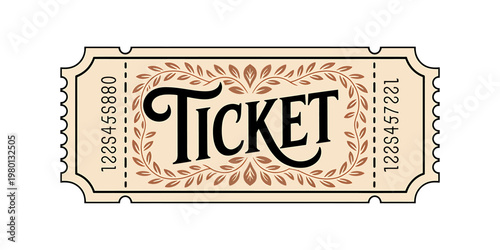 Vintage style ticket with decorative leaves and numbers on beige background