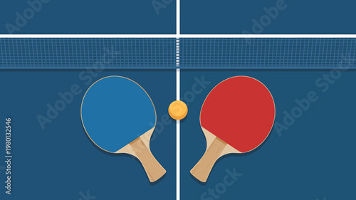 Ping pong rackets and ball on blue table with net  sports equipment