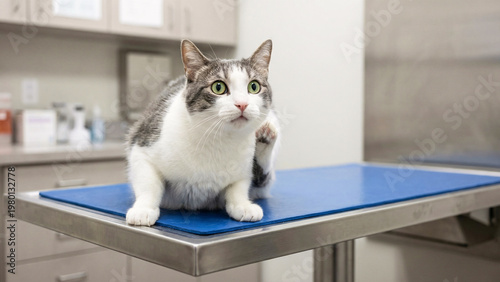 White and Grey Cat on Veterinarian Weighing Table With Paw to Face, Surprised Reaction, Blue Clinical Setting, Realistic Veterinary Pet Image