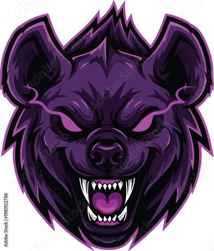 Hyena head with purple glowing eyes and sharp teeth creates a menacing and intense mascot design suitable for competitive sports or gaming teams.