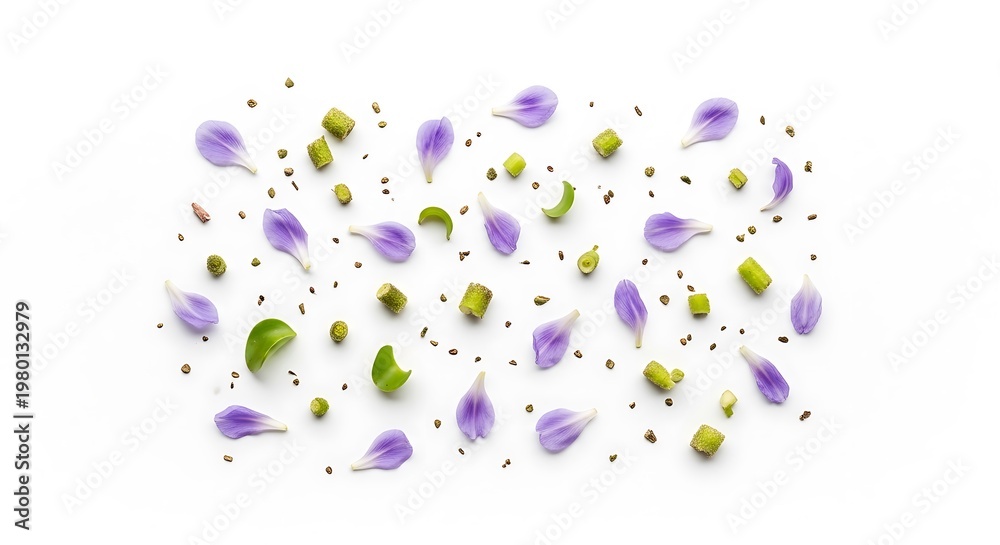 Fototapeta premium Top view of various colorful flower petals and seeds scattered on a white background.