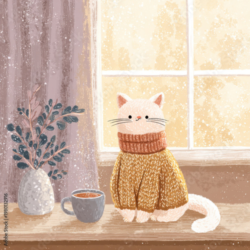 Cozy Cat in Knitted Sweater by Window with Coffee