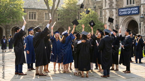 Diverse College Graduates In Courtyard After Commencement Lifting Certificates And Tossing Caps, Soft Morning Light, Success And Learning Theme