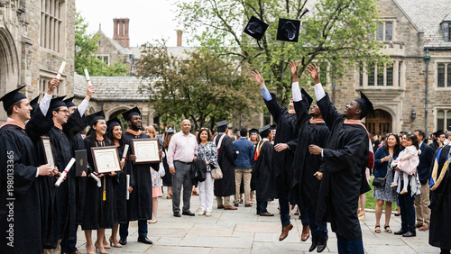 Diverse College Graduates In Courtyard After Commencement Lifting Certificates And Tossing Caps, Soft Morning Light, Success And Learning Theme