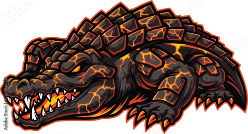 Alligator armored in volcanic rock plates breathes fire while crouching in a ready strike position.