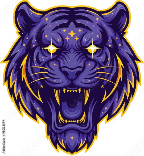 Tiger head illustration showcases a cosmic feline with glowing eyes and celestial patterns suitable for modern apparel designs or vibrant sports team branding.