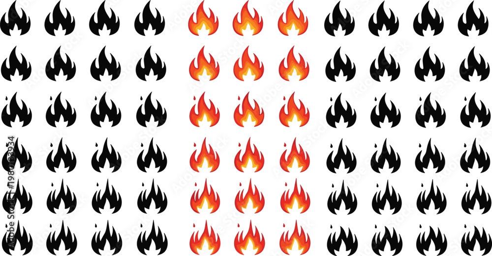 Obraz premium Set of fire flame icons collection with black silhouettes and colored flames flat vector illustration bundle