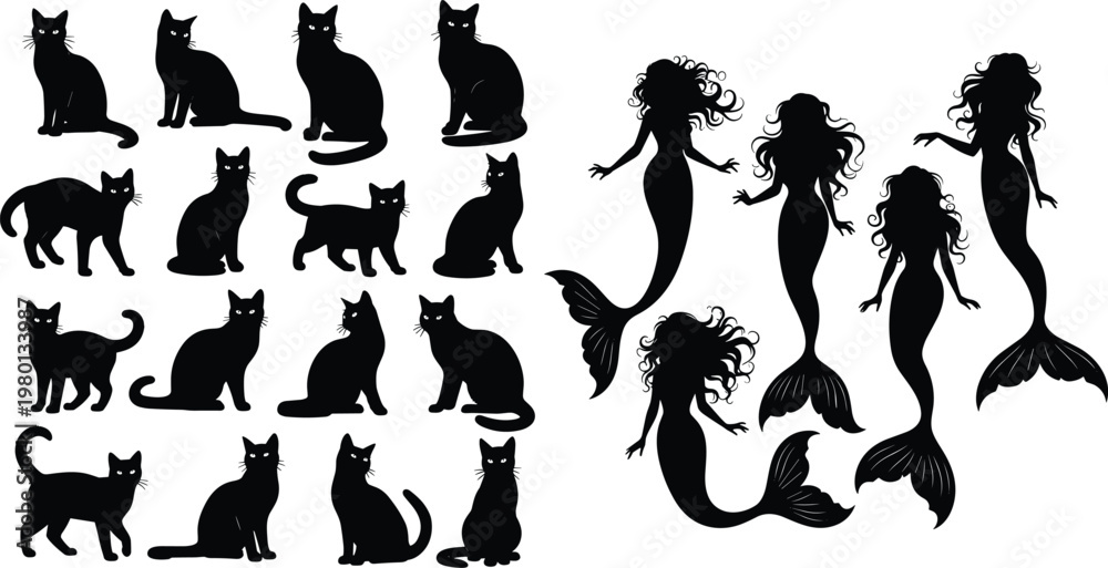 Fototapeta premium Set of cat and mermaid silhouettes collection with fantasy characters and animals black vector illustration bundle