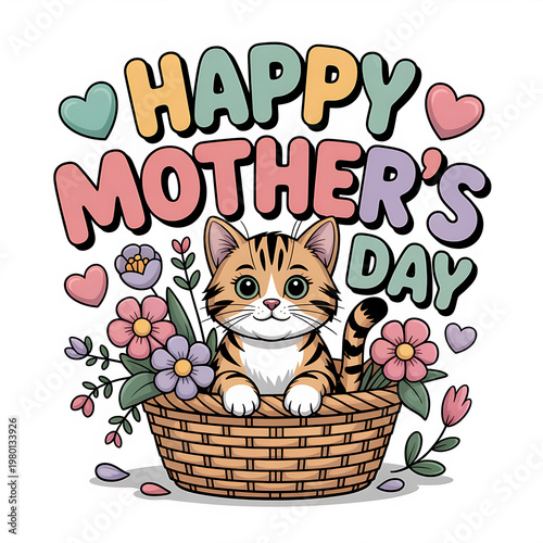 Adorable tabby cat in a flower-filled basket, celebrating Happy Mother's Day with cheerful pastel typography and hearts, perfect for greeting cards and loving sentiments