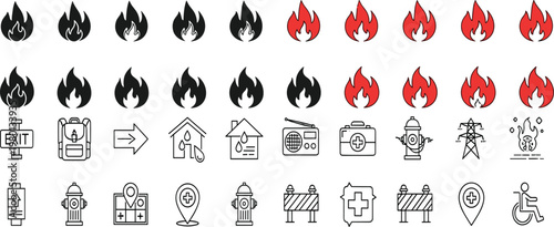 Set of fire flame icons and emergency symbols with line art safety signs vector illustration collection