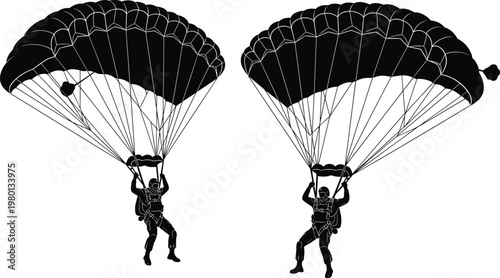 Parachuting skydiver silhouettes with parachute canopy airborne extreme sport black vector illustration set