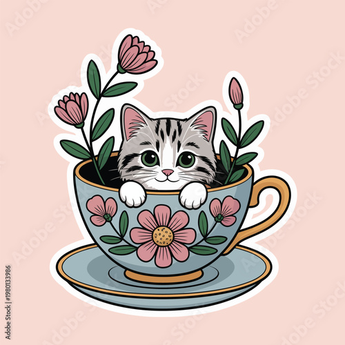 Kitten sits inside a decorative floral teacup while surrounded by blooming flowers in a charming illustration style that brings a sense of whimsical joy and cozy aesthetic to any creative project.