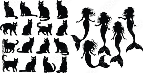 Set of cat and mermaid silhouettes collection with fantasy characters and animals black vector illustration bundle