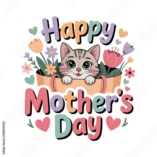 Adorable kitten peeking from a flower pot surrounded by vibrant blooms, celebrating Happy Mother's Day with a charming cartoon illustration, perfect for a heartwarming greeting