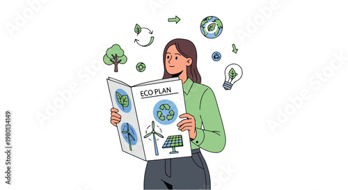 Flat vector artwork depicting a sustainability consultant assessing environmentally friendly proposals, with a clean and simple design on a white background.