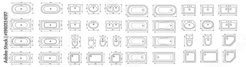 Bathroom Fixtures Technical Drawings Set With Bathtub, Sink, Toilet Layouts, Plans And Dimensions