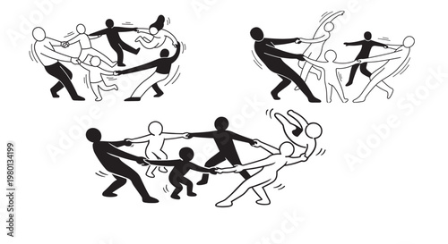 Silhouette Groups Playing Tug of War Representing Teamwork, Conflict, Family and Cooperation
