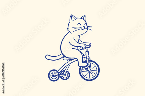 Cute cat riding tricycle line art illustration on beige background
