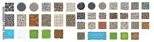 Seamless Ground and Wall Texture Tile Set - Stone Brick Pebble Grass Water Dirt Tiles for Game and Design