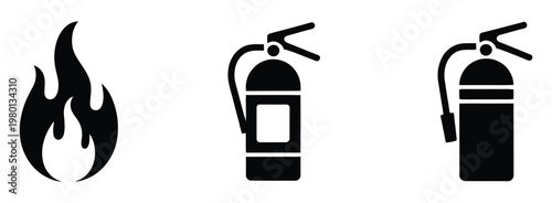 fire safety icons set with flame and fire extinguishers isolated on white background