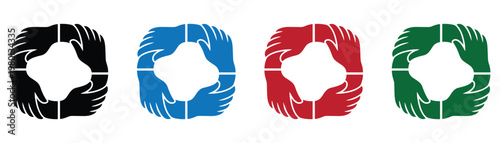 Four vibrant recycling symbols in black, blue, red, and green on transparent background