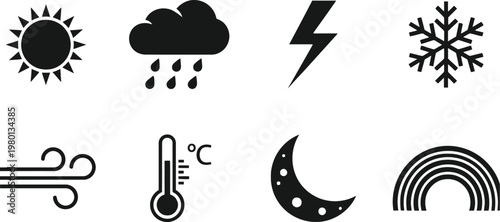 flat design weather and nature icons set with sun, clouds, lightning, snowflake, wind, temperature, moon phases