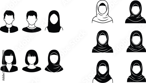 Muslim women avatar icons set with hijab styles and male profiles silhouette vector illustration collection