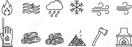 Fire and weather line icons set with flame wind rain snow and wood elements vector illustration collection