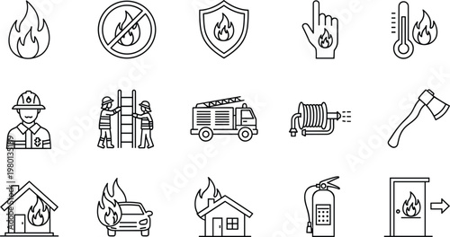 Fire safety line icons set with firefighter equipment emergency symbols and protection elements vector illustration collection
