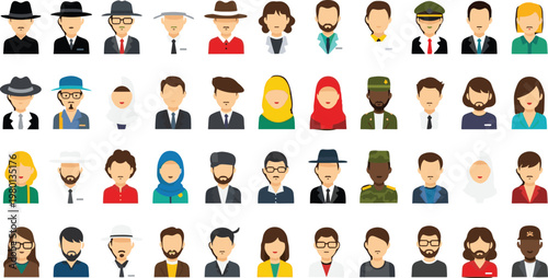 Diverse people avatar icons collection with different professions cultures and styles flat vector illustration set