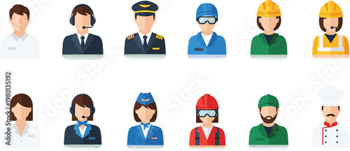 Professional avatar icons set with pilot engineer chef operator and worker characters flat vector illustration collection