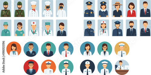 Profession avatar icons set with doctors police military and business people flat vector illustration collection