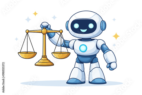 Cute AI Robot Holding a Golden Scale of Justice, Vector Illustration of Artificial Intelligence in Law, Ethics, and Legal Systems, Concept of Automated Fairness, Digital Jurisprudence and Ethics