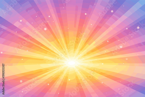 Abstract Colorful Radial Sunburst Background with Vibrant Rainbow Rays and Sparkling Light Effects. Bright Yellow, Orange, Pink, and Purple Gradient Sunbeam Pattern for Festive Graphic Design.