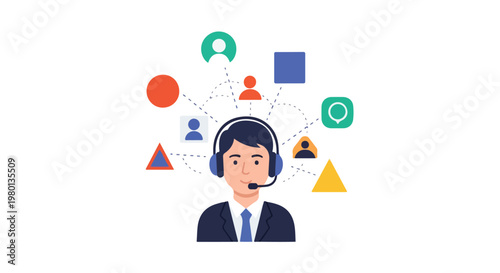 Flat vector illustration of a customer support specialist with headset assisting users online, simple geometric shapes, white background