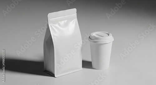 Minimalist still life coffee packaging and cup in grayscale