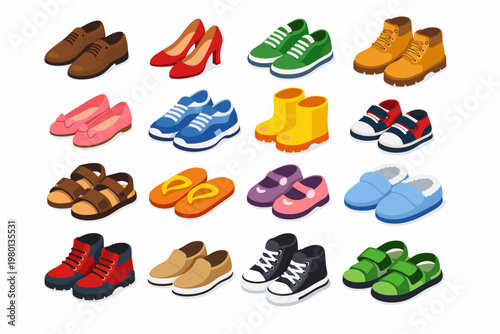 Isometric Vector Collection of Diverse Footwear Styles for Men, Women, and Children Including Sneakers, Boots, Sandals, High Heels, Loafers, and Slippers Isolated on a White Background for Design.