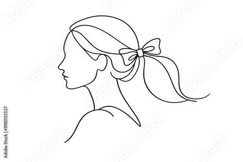 Continuous line drawing of a woman's head and shoulders in profile with a ponytail tied by a bow. Minimalist elegant female silhouette vector illustration for beauty, fashion, and hair care.
