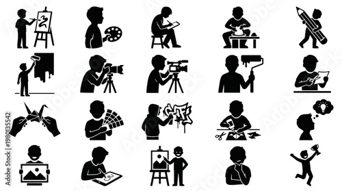 School Boys Art Club Silhouette Icon Set 20 Kids Creative Activities Solid Black Vector Collection