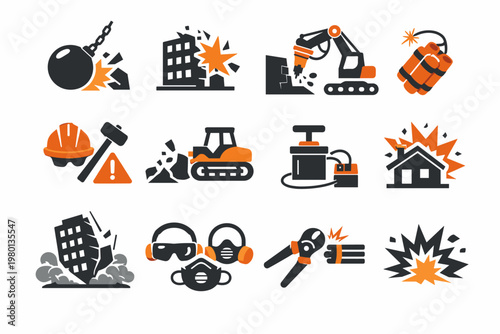 Demolition and construction icon set featuring wrecking ball, dynamite, excavator, safety gear, building destruction, and explosion symbols for industrial, engineering, and architectural designs.