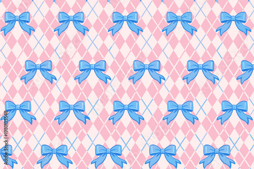 Coquette seamless pattern with blue bows and ribbons on a pink and white argyle background. Girly and cute checkered design for wrapping paper, textile, wallpaper, and feminine fashion decor.
