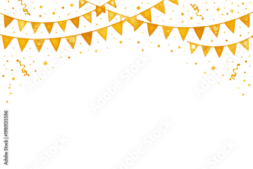 Golden Triangle Party Bunting Border with Gold Festive Flag Garland, Confetti, Stars, and Streamers on White Background; Luxury Birthday Celebration Decoration Vector Illustration for Events