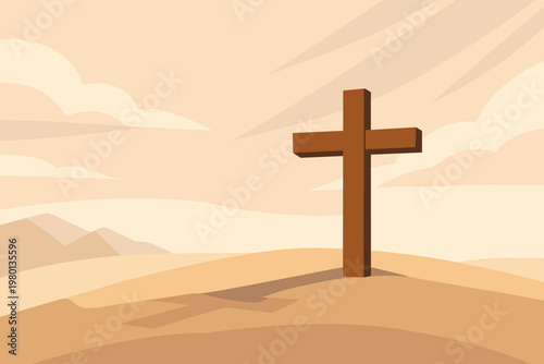Symbolic Good Friday Illustration of a Simple Wooden Cross Standing on Calvary Hill under a Calm Sky with Long Shadow, Representing Christian Faith, Sacrifice, and the Resurrection of Jesus Christ.
