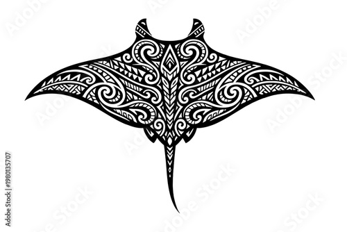 Manta Ray Silhouette with Intricate Maori Tribal Tattoo Patterns, Polynesian Style Stingray Vector Illustration, Ethnic Sea Life Art, Black and White Oceanic Animal Design for Tattoos and Prints.