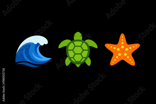 Set of three colorful marine-themed icons featuring a blue ocean wave, a green sea turtle, and an orange starfish isolated on a black background. Flat vector illustration for summer and nature.