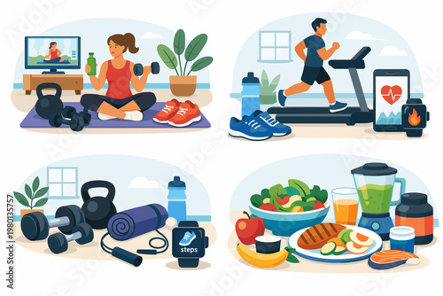 Four vector scenes illustrating a healthy lifestyle including home fitness workouts with dumbbells, running on a treadmill, gym equipment sets, and nutritious balanced meals for weight loss and