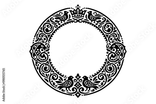 Vector Round Black Contour Ancient Russian Ornament Slavic Border Frame Circle Ring Traditional Folk Art with Birds and Crown Ethnic Decorative Element for Vintage Design and Invitation Cards