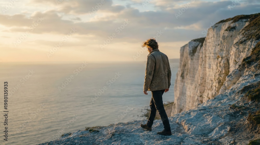 Obraz premium Experience The Tranquil Beauty Of Coastal Cliffs During A Slow Motion Sunset